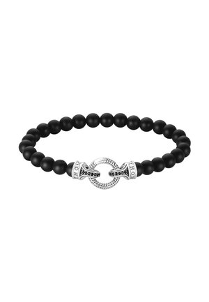 Black beaded bracelet with round silver clasp featuring intricate patterns and engraved text on each side of the clasp.