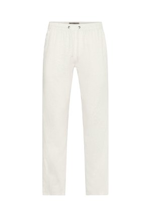 Bijele ležerne hlače s elastičnim pojasom i vezicom, ravnog kroja, prikazane na jednobojnoj bijeloj pozadini.