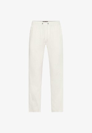 Hvite, ledige bukser med elastisk midjebånd og snor, rette ben, vist på enkel hvit bakgrunn.