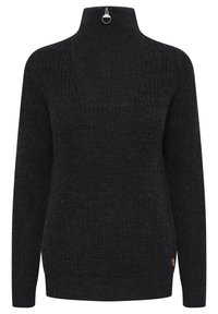 Schwarzer Strickpullover mit hohem Kragen, ausgestattet mit einem Reißverschluss auf der Vorderseite und einem strukturierten Muster. Lange Ärmel und leichte Seitenschlitze am Saum.