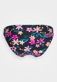 Parte de baixo de biquíni floral com um fundo preto. Apresenta flores em rosa brilhante, amarelo e azul, com um tecido liso e elástico e corte clássico.