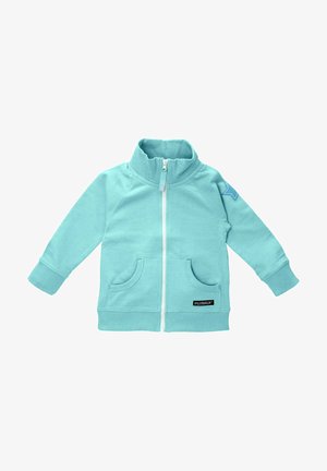Light blue zip-up sweatshirt with high collar, two front pockets, ribbed cuffs, and a small star accent on the left sleeve.