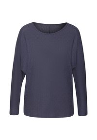 Langärmliger dunkelblauer Strickpullover mit Rundhalsausschnitt und feiner gerippter Textur, präsentiert auf weißem Hintergrund.