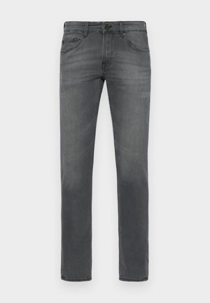 Jean slim gris avec cinq poches et fermeture bouton-zip, présenté de face sur un fond uni.