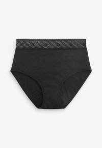 Sort bomuldsundertøj med en blondekant med diamantmønster. Stoffet er glat, med et højtaljet design for dækning.