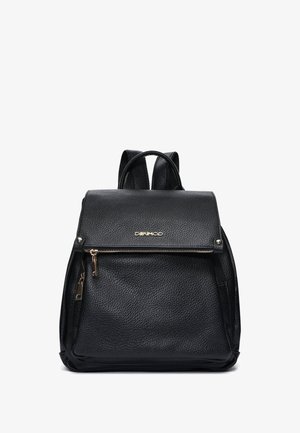 Black leather backpack with a structured design, textured surface, gold-tone hardware, and a front zippered pocket. Double shoulder straps.