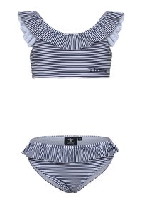 Gestreept bikini-set met een gerimpelde top met schouderfranjes en bijpassende gerimpelde bikini-broekjes, beide in marineblauw en wit.