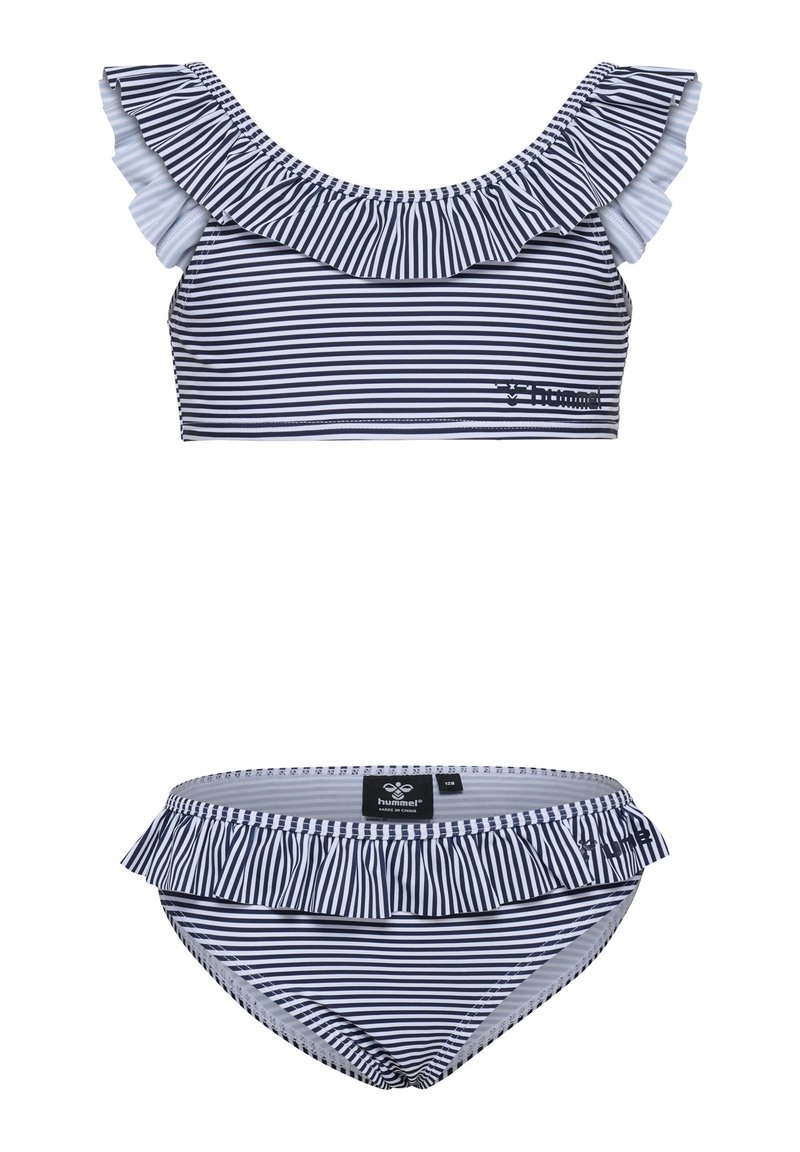 Gestreept bikini-set met een gerimpelde top met schouderfranjes en bijpassende gerimpelde bikini-broekjes, beide in marineblauw en wit.