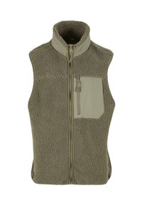 Fleece vest in olive green with a high collar, front zipper, and one zippered chest pocket. Features a textured, soft material.