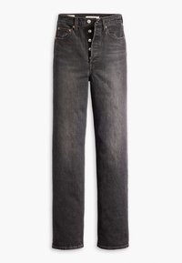 Jean droit en denim noir avec une taille haute, cinq poches et une fermeture à bouton. Comprend des rivets en cuivre et des détails de couture subtils.