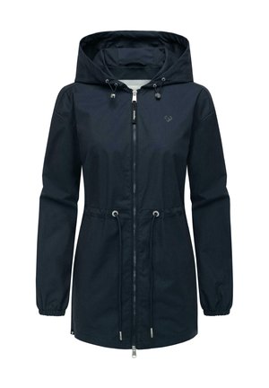 Tumesinine jakk kapuutsi, reguleeritavad nöörid, ees lukuga ja elastsed mansetid. Valmistatud veekindlast materjalist.