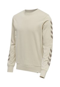 Beiger Langarm-Sweatshirt mit Rundhalsausschnitt und schrägen Chevron-Streifen in Grau an beiden Ärmeln.