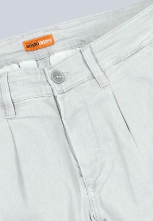 Light gray trousers with a button closure, pleats at the front, and an orange brand label. Made from soft, stretchy fabric.
