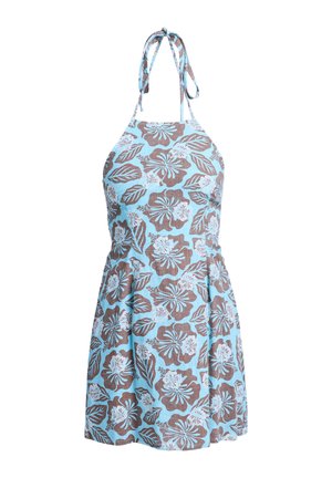 Blue halter dress with brown and white hibiscus flower and leaf print, fitted bodice, and flared skirt.