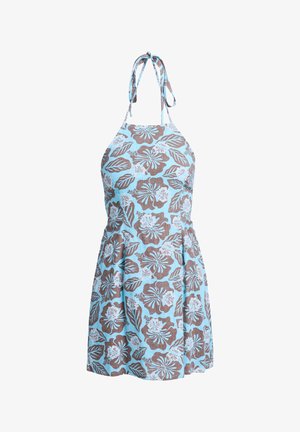 Blue halter dress with brown and white hibiscus flower and leaf print, fitted bodice, and flared skirt.