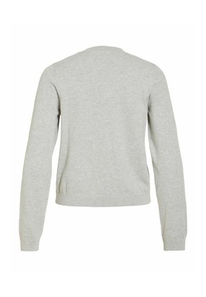 Lysegrå sweater med lange ærmer, ribbet krave og kant, glat tekstur, enkelt design uden synlige lukninger eller mønstre.