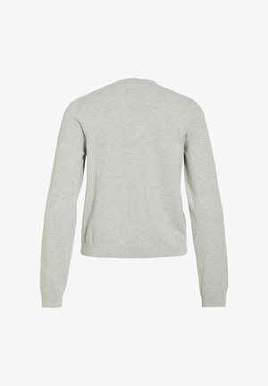 Lysegrå genser med lange ermer, ribbet hals og kant, glatt tekstur, enkelt design, uten synlige lukninger eller mønstre.