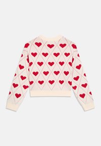 Pleteni pulover v kremni barvi z vzorcem diamanta in rdečimi srčki. Rebrasti manšetni in spodnji rob, kratka zasnova, mehak otip.