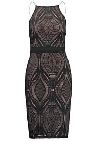 Robe midi noire ajustée sans manches avec des motifs géométriques en dentelle complexe et des fines bretelles, avec une ceinture unie.