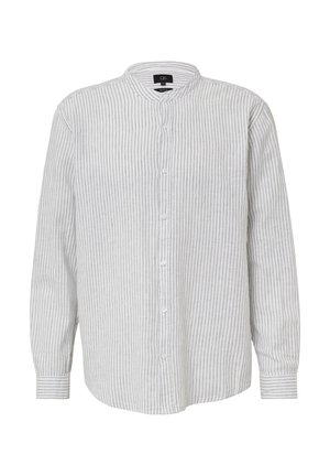 Kariertes Hemd aus hellgrauem Stoff. Verfügt über einen Stehkragen und lange Ärmel mit Knopfmanschetten.