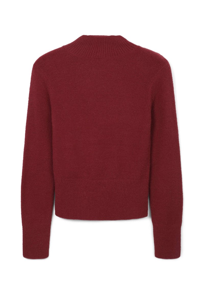 Maglione bordeaux con collo alto, realizzato in morbido tessuto a maglia. Presenta maniche lunghe e un design cropped che mette in risalto la vita.