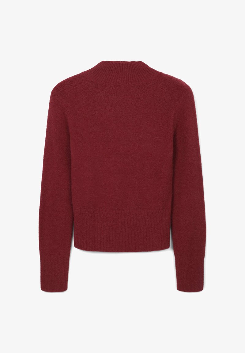 Maglione bordeaux con collo alto, realizzato in morbido tessuto a maglia. Presenta maniche lunghe e un design cropped che mette in risalto la vita.