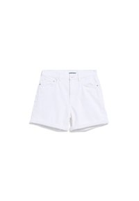 Valkoiset farkkushortsit klassisella leikkauksella. Niissä on viiden taskun malli, käännetyt lahkeet ja nappikiinnitys. Kankaan pintakuviointi ja ompeleiden korostukset.