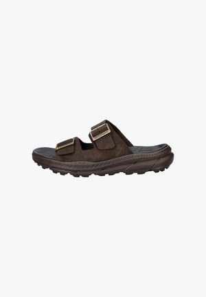 Braune Skechers-Sandale mit zwei verstellbaren Wildlederriemen und gepolsterter, profilierter Sohle für Komfort und Grip.