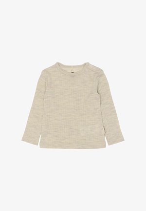 Šviesiai béžinė ilgomis rankovėmis marškinėliai su tekstūrine tinklelio raštu, apvaliu apykakle ir sagų detale ant peties. Minkšta medžiaga.