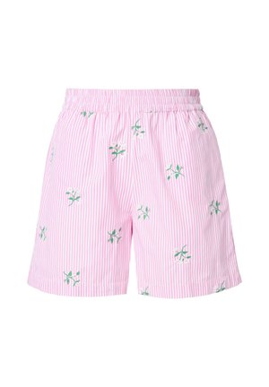 Roze gestreepte shorts met geborduurde groene bloemenaccenten. Elastische tailleband, lichtgewicht stof, knielange snit, casual pasvorm.
