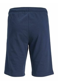 Short bleu marine longueur genou avec taille élastique, design uni et tissu lisse, vus de dos.