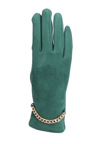 Guanto verde in suede con cinque dita e un accentuato oro in catena sul polso. Texture liscia, design su misura e senza cuciture visibili.