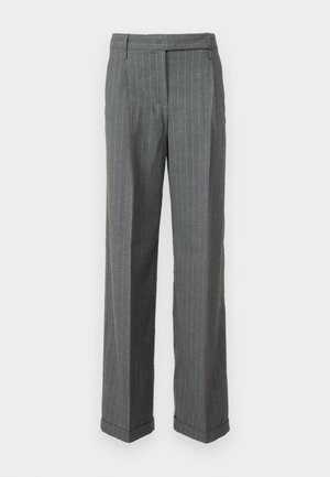 Pantaloni grigi a righe con accenti blu, con un taglio a gamba dritta, passanti per cintura e orlo ripiegato. Realizzati in un tessuto testurizzato.