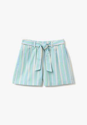 High waist shorts met verticale strepen in blauw, groen en beige, voorzien van een bijpassende stoffen riem die aan de voorkant is geknoopt en zijzakken.