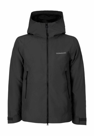 Schwarze wasserdichte Jacke mit Kapuze, Frontreißverschluss, zwei Reißverschlusstaschen, verstellbaren Klettmanschetten und Didriksons-Logo auf der Brust.