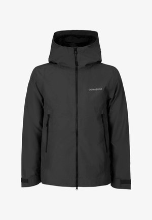 Schwarze wasserdichte Jacke mit Kapuze, Frontreißverschluss, zwei Reißverschlusstaschen, verstellbaren Klettmanschetten und Didriksons-Logo auf der Brust.
