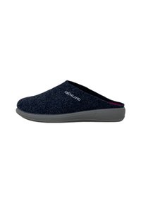 Pantofole slip-on in feltro grigio scuro con punta arrotondata, tacco basso e logo "GRÜNLAND" bianco. Texture morbida e suola in gomma modellata per il massimo comfort.