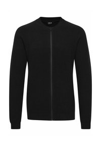 Svart zip-up cardigan med rund hals, ribbat mönster och långa ärmar. Har en enhetlig färg och rak fåll.