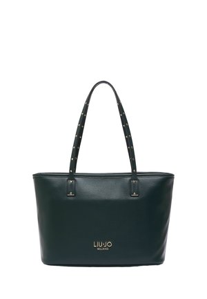 Sac cabas en cuir vert foncé avec double anse, orné de petits clous dorés et d'un logo "Liu Jo Milano" doré à l'avant.