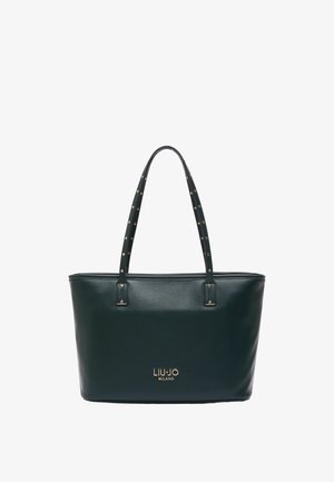 Mørkegrøn læder tote taske med dobbelt stropper med små gyldne nitter og et gyldent "Liu Jo Milano" logo foran.