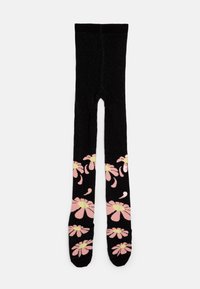 Sorte strømpebukser med en struktureret overflade, der har et blomsterdesign i pink og gul på underbenene og ensfarvede sorte fodområder.