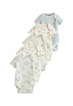 Set med fem baby bodysuits i olika färger och mönster: grå med dinosauriemotiv, ljusbeige med illustrationer och randiga mönster.