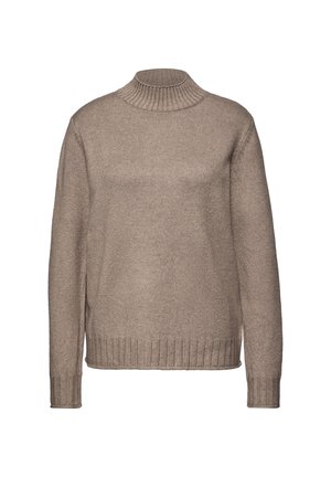 Maglione beige lavorato a maglia con colletto alto a costine, maniche lunghe e orlo a costine. Texture morbida con un taglio comodo. Senza fantasie o dettagli metallici.