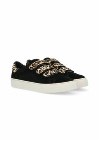 Black suede sneakers with leopard-print Velcro straps and white rubber soles; rounded toe, textured upper, and contrasting accents.