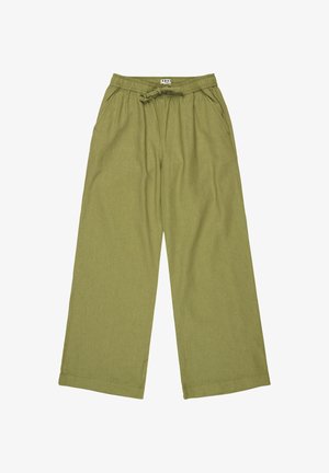 Voľné nohavice olivovo zelenej farby s elastickým pásom a sťahovacou šnúrkou, vybavené bočnými vreckami a širokým strihom nohavíc.