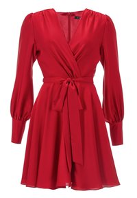 Robe portefeuille rouge à manches longues avec col en V, poignets froncés, jupe évasée et ceinture à nouer à la taille.
