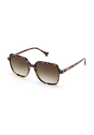 Tortoiseshell sunglasses with square frames, gradient brown lenses, and thin arms. Features subtle text detail on the temple.
