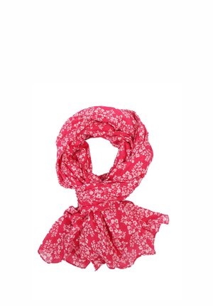 Rosa Blumenschal aus leichtem Stoff, mit kleinen weißen Blumenmustern, weicher Textur und einem lockeren, fließenden Design.