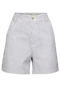Shorts rayés avec une taille haute, deux poches avant et une fermeture à double bouton. Confectionnés en tissu léger à rayures grises et blanches.