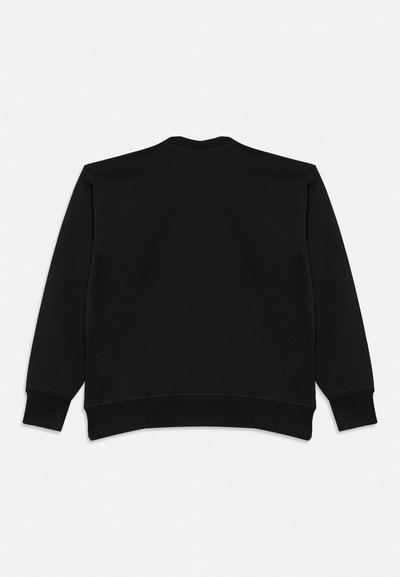 Sweat-shirt noir à manches longues et col rond, posé à plat montrant le dos avec poignets et ourlet côtelés.